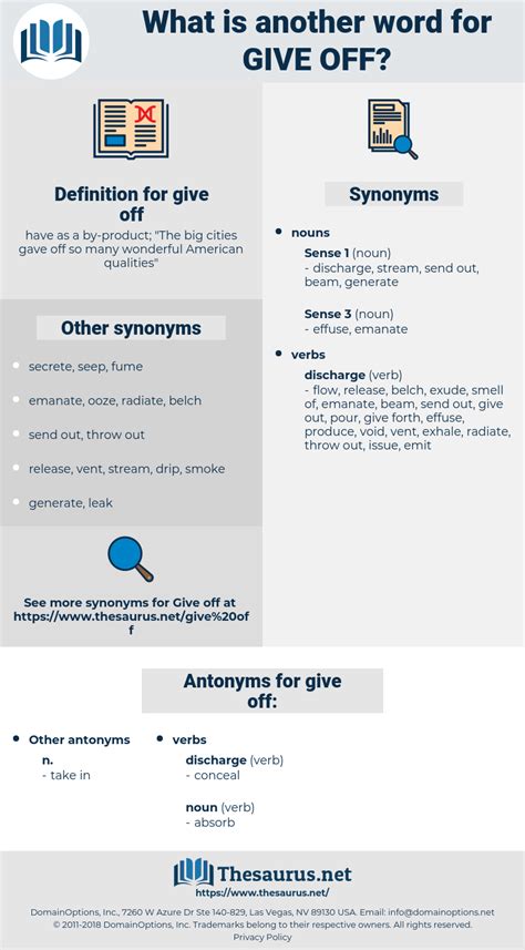 Find 647 different ways to say SOUND <strong>OFF</strong>, along with antonyms, related words, and example sentences at Thesaurus. . Give off synonym
